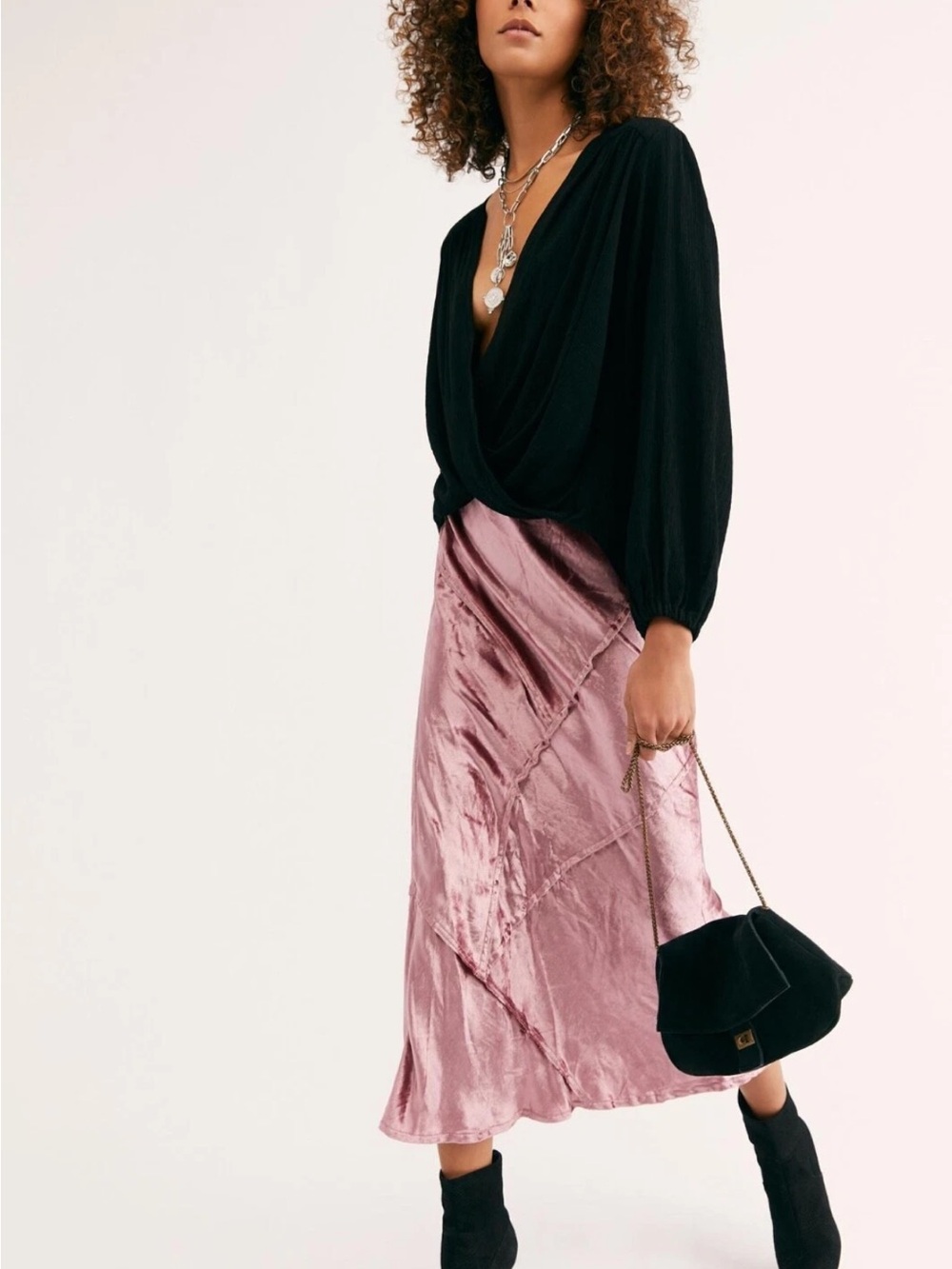 Free People Satin Slip Midi Skirt in Dusty Rose and Black